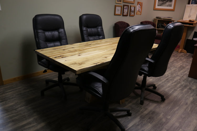 Handcrafted executive office table with a luxurious solid rustic hickory wood top. The table features a rich, natural finish with unique wood grain patterns, adding a touch of sophistication and durability to any office space. American made durable 