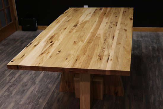 Handcrafted executive office table with a luxurious solid rustic hickory wood top. The table features a rich, natural finish with unique wood grain patterns, adding a touch of sophistication and durability to any office space. American made durable 