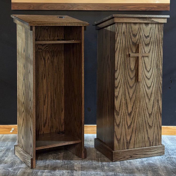 Red oak podiums with a matching wood cross.