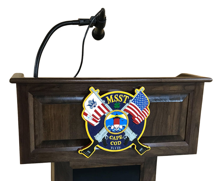 Custom engraved and painted seal for lecterns, up to 12 inches, for a premium and detailed finish.