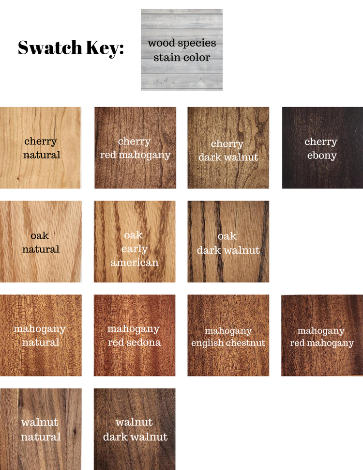 SWATCH KEY WOOD SPECIES STAIN COLOR ENGLISH CHESTNUT RED MAHOGANY EBONY