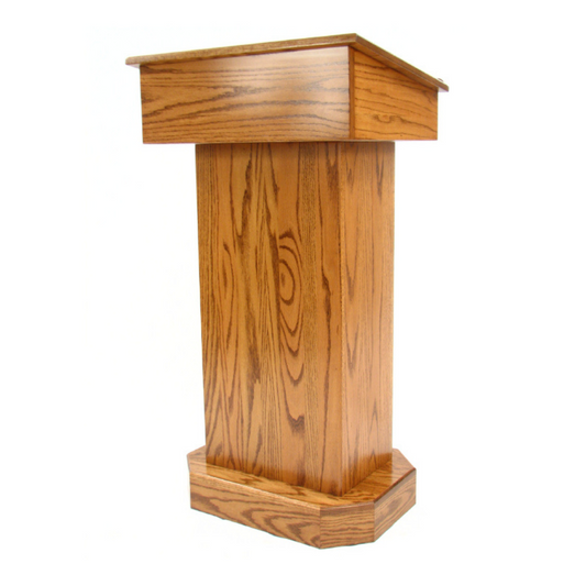  "Senator™ Solid Hardwood Podium, featuring a sleek design made from durable solid wood. It includes a spacious work surface, hidden rear casters for easy mobility, and ample storage space for supplies. Perfect for schools, churches, and event venues." American made craftsmanship Lectern