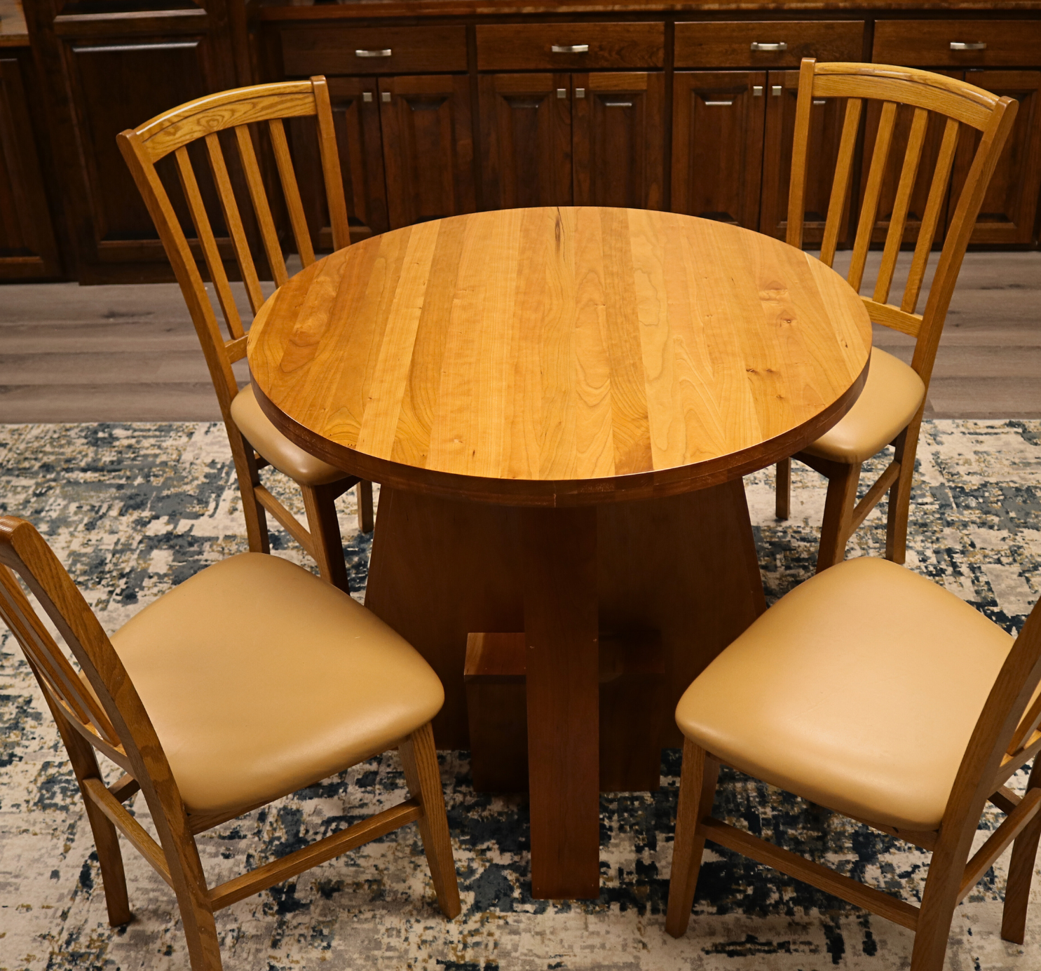 Handcrafted solid cherry wood round collaboration table, 34.5-inch diameter, perfect for executive offices, boardrooms, and upscale workspaces.