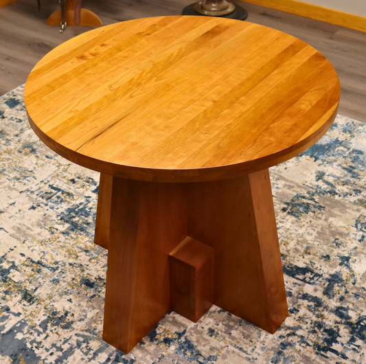 Handcrafted solid cherry wood round collaboration table, 34.5-inch diameter, perfect for executive offices, boardrooms, and upscale workspaces.