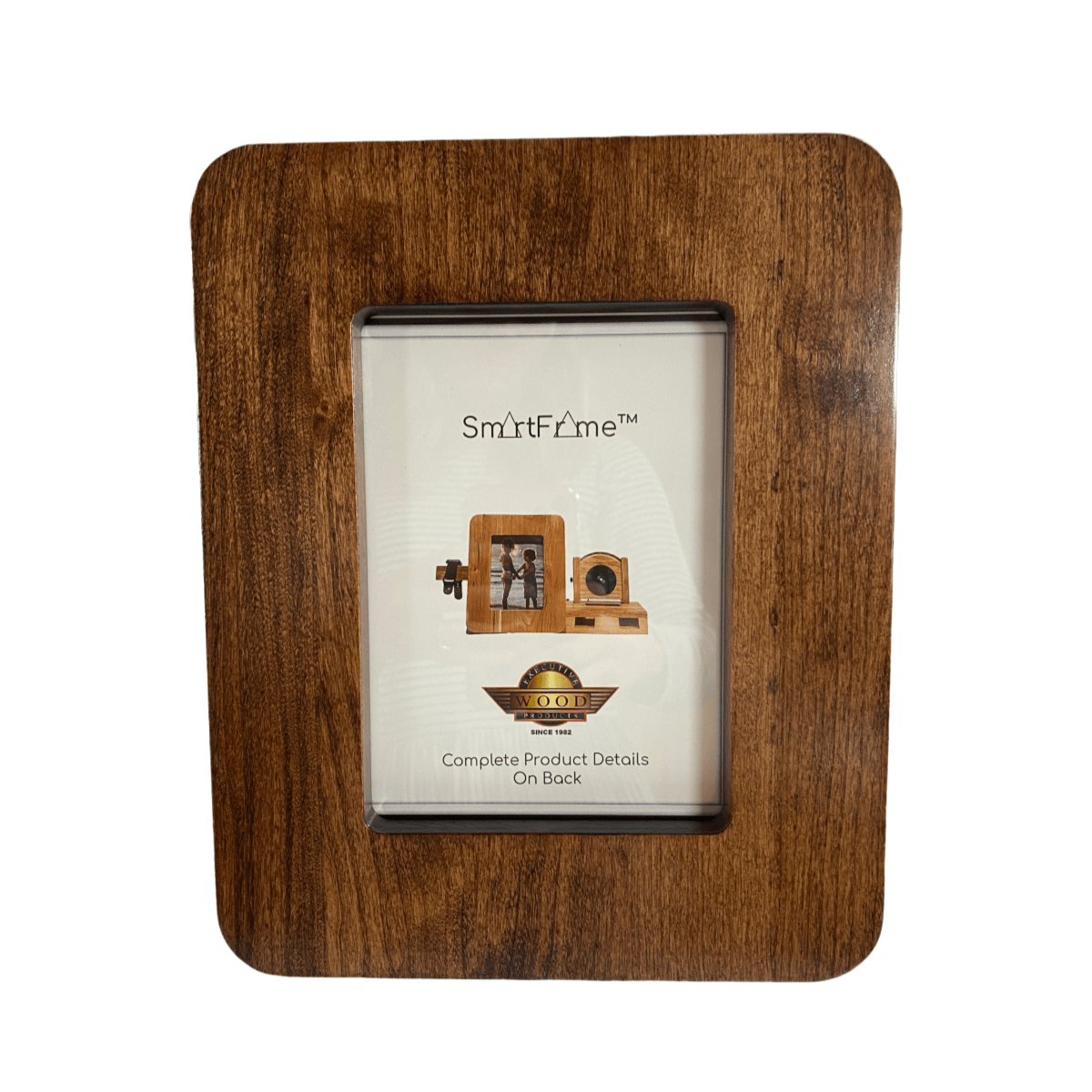 SmartFrame™ wood charging station holds a 5x7 photo, wirelessly charges phones & watches, and amplifies sound. Made in USA.