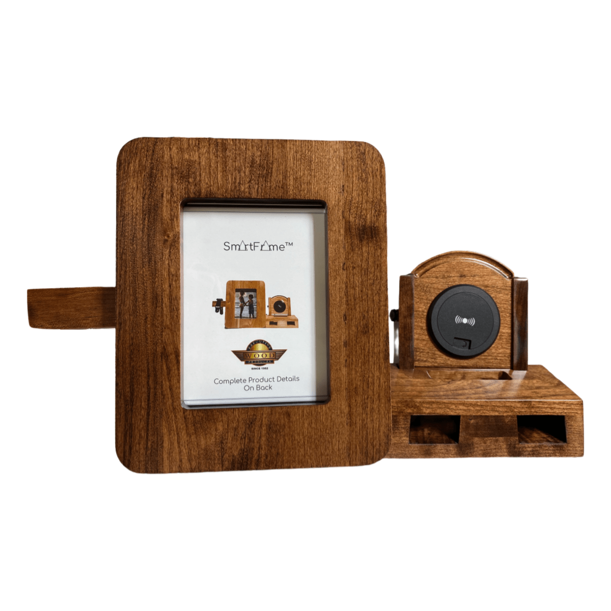 SmartFrame™ wood charging station holds a 5x7 photo, wirelessly charges phones & watches, and amplifies sound. Made in USA.