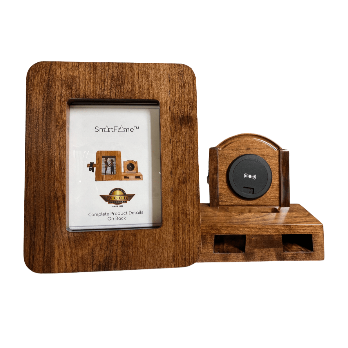 SmartFrame™ wood charging station holds a 5x7 photo, wirelessly charges phones & watches, and amplifies sound. Made in USA.