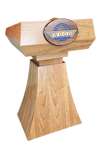 "StatesMan AutoGlide™ Height Adjustable Lift Podium, featuring a smooth, modern design with a sleek lift mechanism, allowing easy adjustment for different speaker heights and creating a versatile and professional presentation space. American made craftsmanship