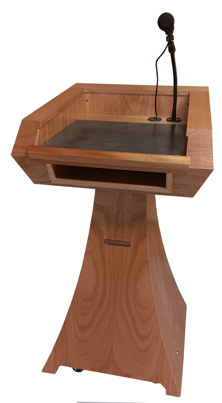 "Elegant Statesman Slim™ Solid Hardwood Lectern featuring a sleek, contemporary design with rich wood grain, offering a professional and sturdy platform for speeches and presentations. American made craftsmanship. 