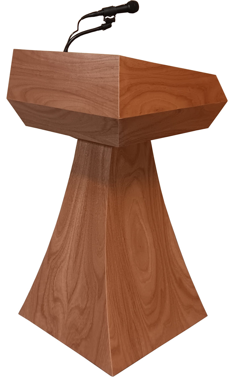 "Elegant Statesman Slim™ Solid Hardwood Lectern featuring a sleek, contemporary design with rich wood grain, offering a professional and sturdy platform for speeches and presentations. American made craftsmanship. 