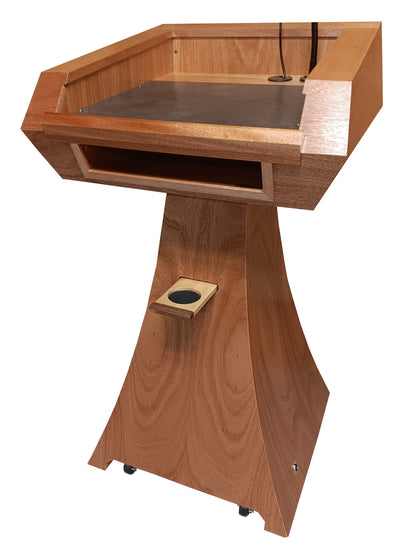 "Elegant Statesman Slim™ Solid Hardwood Lectern featuring a sleek, contemporary design with rich wood grain, offering a professional and sturdy platform for speeches and presentations. American made craftsmanship. 