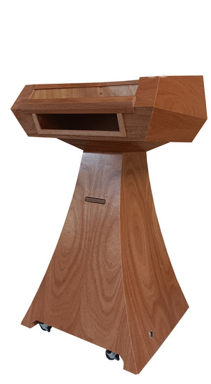 "Elegant Statesman Slim™ Solid Hardwood Lectern featuring a sleek, contemporary design with rich wood grain, offering a professional and sturdy platform for speeches and presentations. American made craftsmanship. 