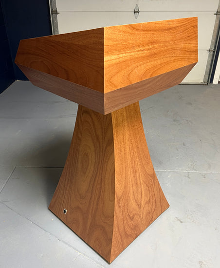 "Elegant Statesman Slim™ Solid Hardwood Lectern featuring a sleek, contemporary design with rich wood grain, offering a professional and sturdy platform for speeches and presentations. American made craftsmanship. 