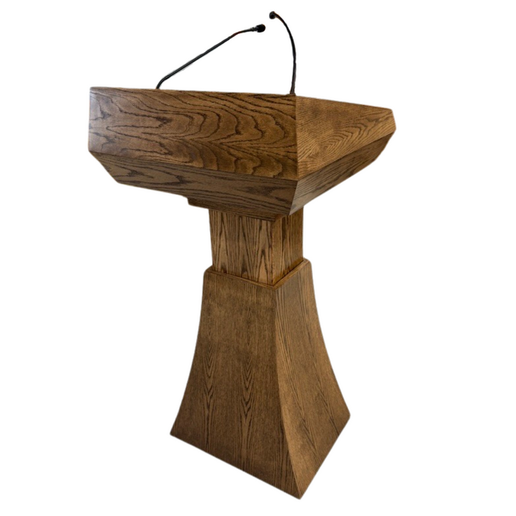 "StatesMan AutoGlide™ Height Adjustable Lift Podium, featuring a smooth, modern design with a sleek lift mechanism, allowing easy adjustment for different speaker heights and creating a versatile and professional presentation space. American made craftsmanship