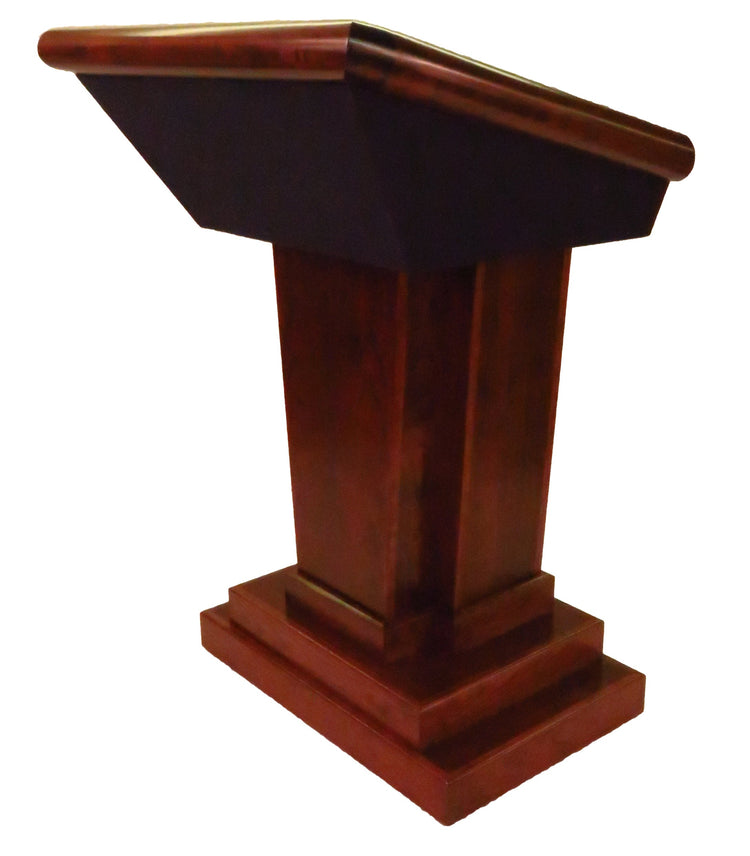 Handcrafted Titan Lectern with solid wood trim, large work surface, XLR ports, and hidden book storage, built for professional presentations.