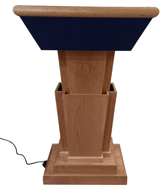 Titan™ Premium Solid Hardwood Height Adjustable Lectern, featuring a sturdy, elegant design with customizable height for comfort during presentations and speeches.