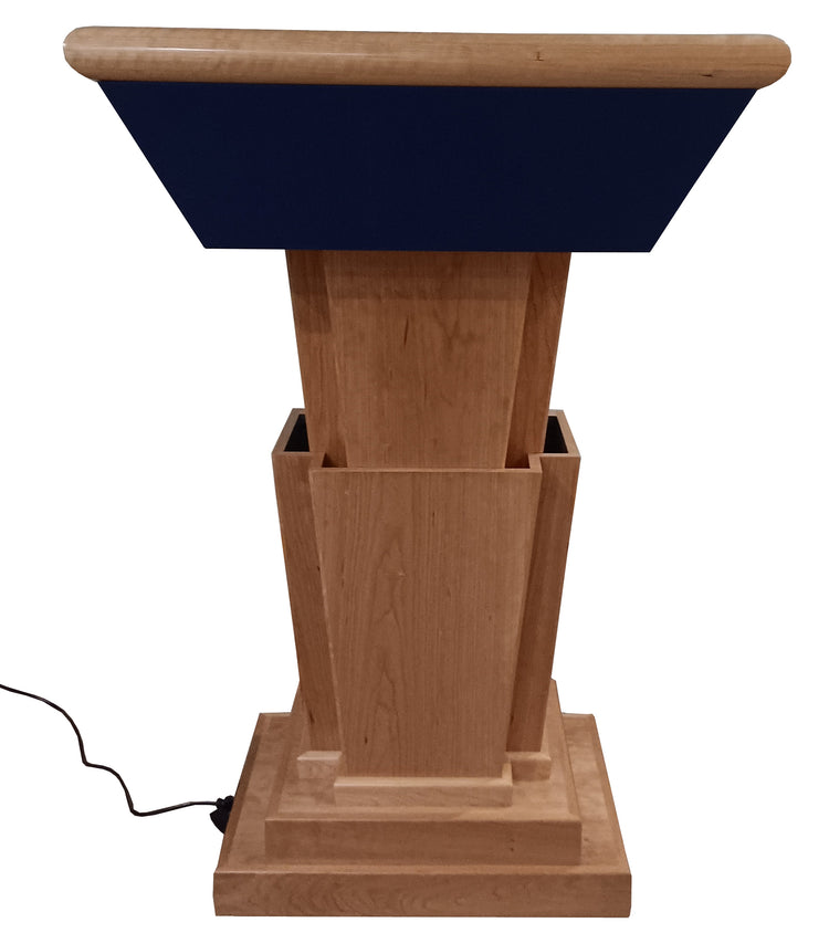 Titan™ Premium Solid Hardwood Height Adjustable Lectern, featuring a sturdy, elegant design with customizable height for comfort during presentations and speeches.