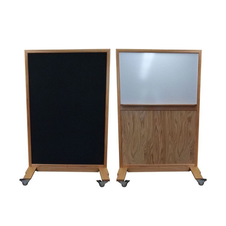 Portable NIJ Level III ballistic panel with a whiteboard, tackable surface, and locking casters for school safety and security.