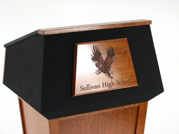 Precision laser-engraved magnetic plaque or direct engraving on lectern, up to 12 inches.