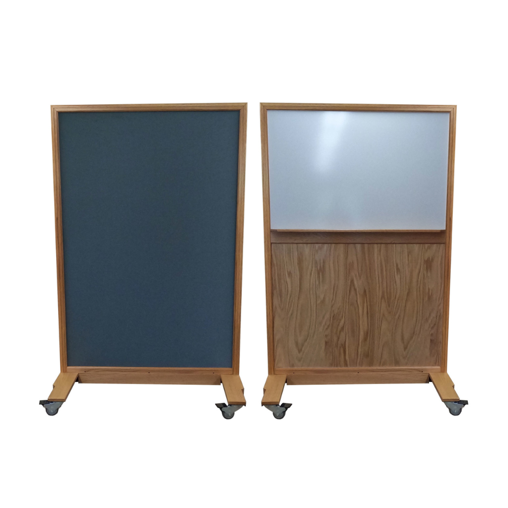 Portable NIJ Level III ballistic panel with a whiteboard, tackable surface, and locking casters for school safety and security.