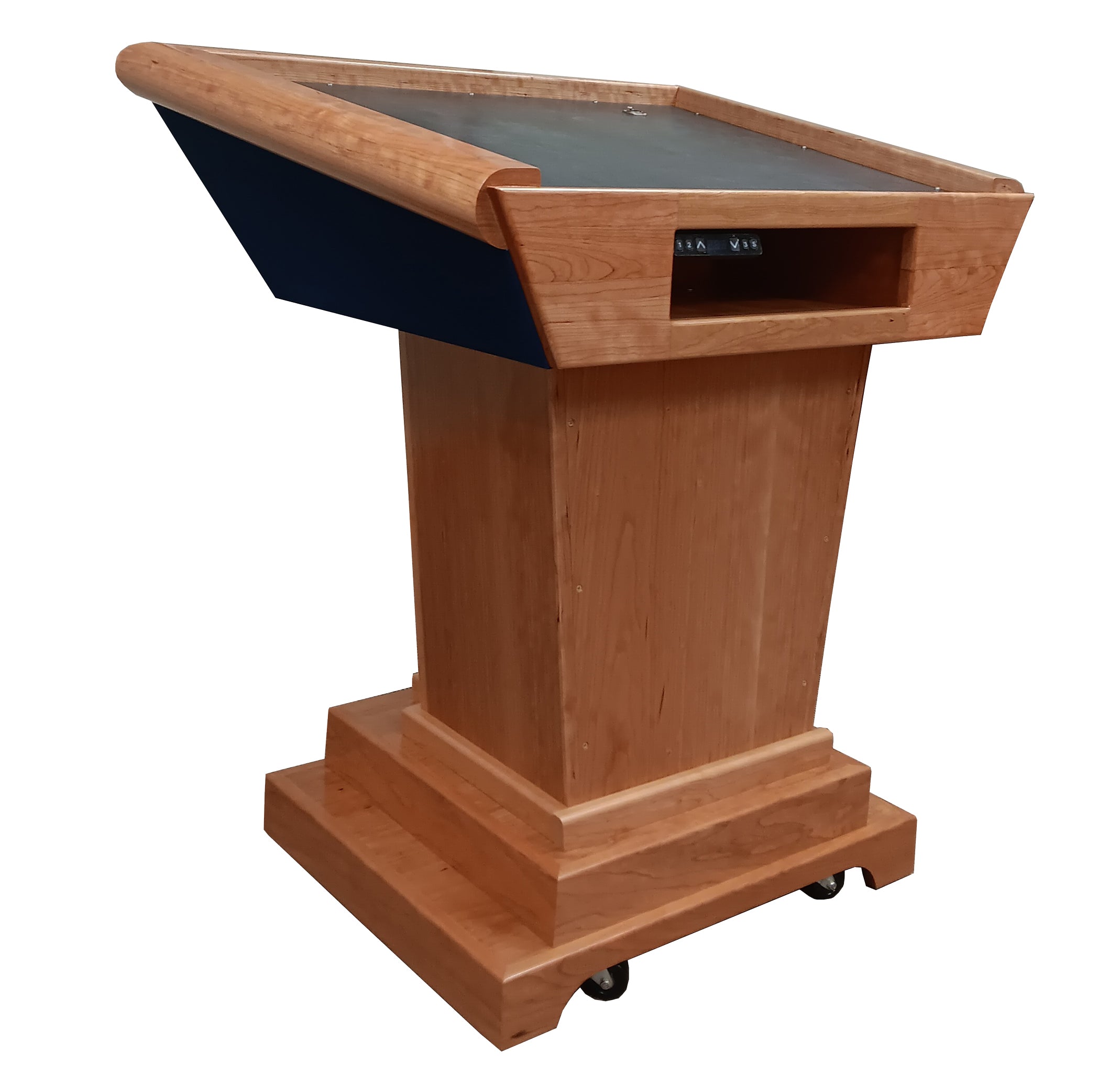 "Titan™ Premium Solid Hardwood Height Adjustable Lectern, featuring a sturdy, elegant design with customizable height for comfort during presentations and speeches. Crafted from high-quality wood for lasting durability and style."




