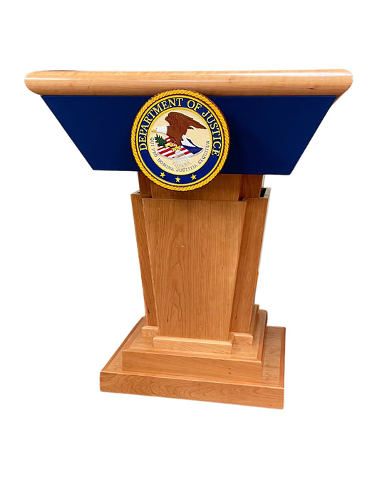 "Titan™ Premium Solid Hardwood Height Adjustable Lectern, featuring a sturdy, elegant design with customizable height for comfort during presentations and speeches. Crafted from high-quality wood for lasting durability and style."



