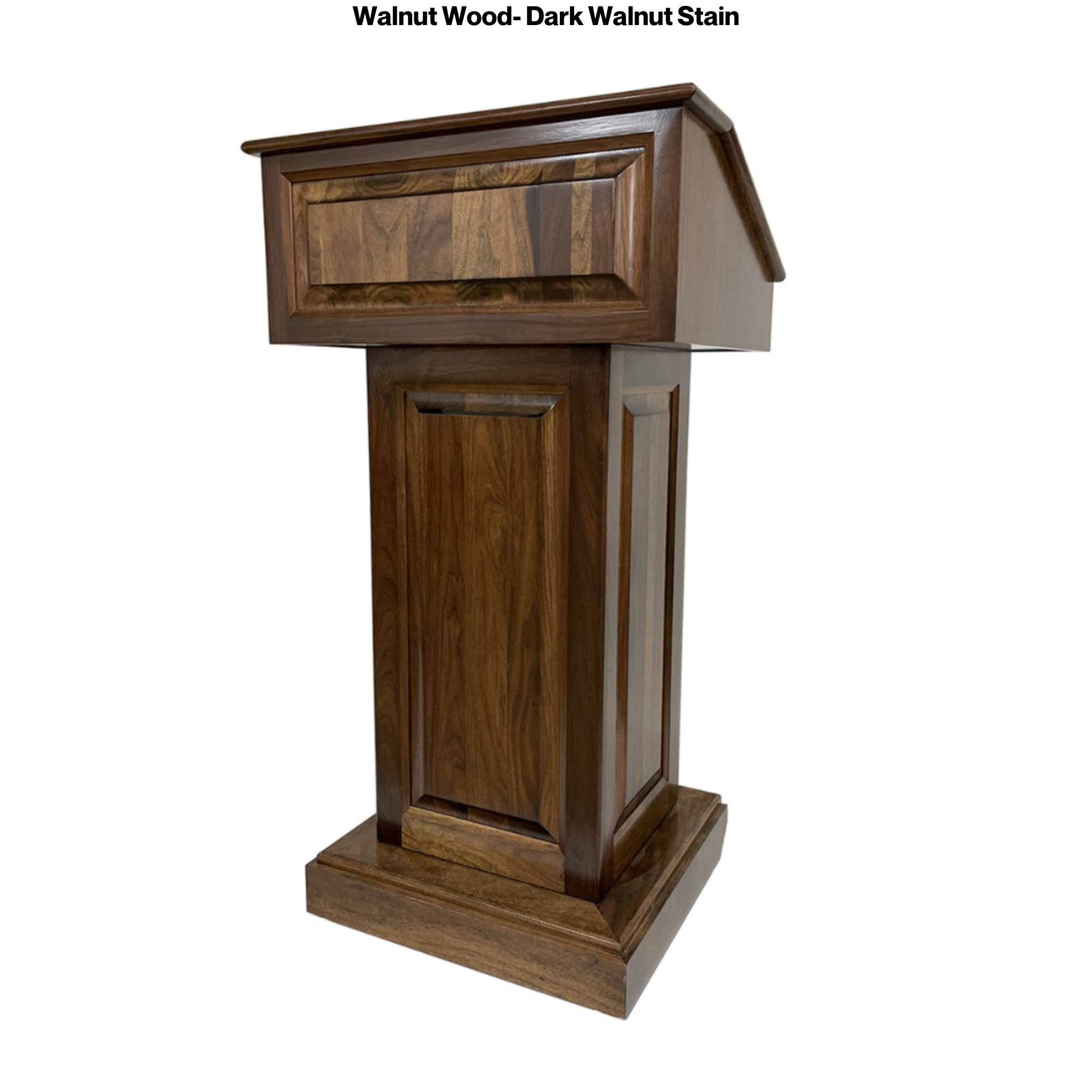 Counselor™ Podium, handcrafted in the USA with premium hardwood, adjustable work surface, built-in storage, and hidden casters.