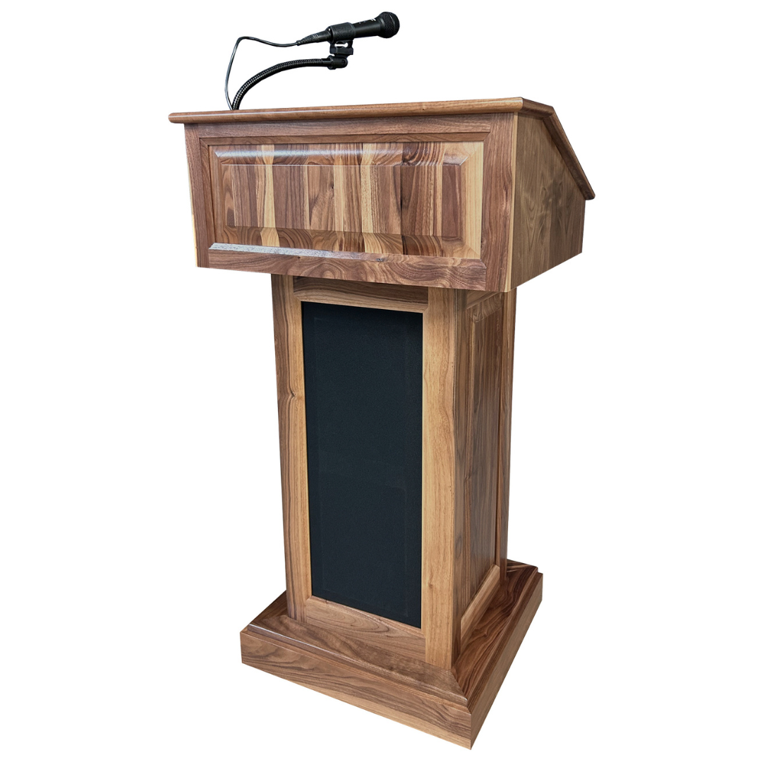 The Counselor Evolution™ all-in-one lectern, handcrafted in the USA, features adjustable work surface, built-in sound system, and portable design.