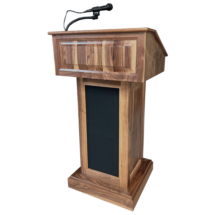 The Counselor Evolution™ all-in-one lectern, handcrafted in the USA, features adjustable work surface, built-in sound system, and portable design.