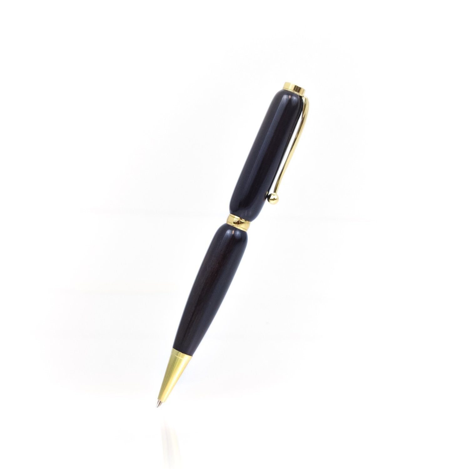 Handcrafted African Blackwood pen with glossy finish and refillable black ballpoint ink insert, made in Missouri