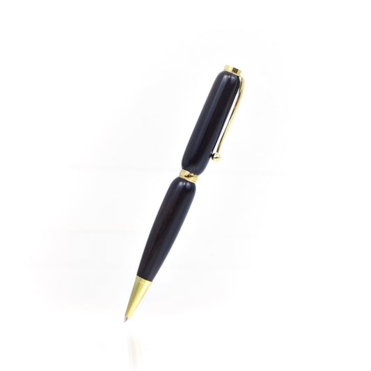 Handcrafted African Blackwood pen with glossy finish and refillable black ballpoint ink insert, made in Missouri