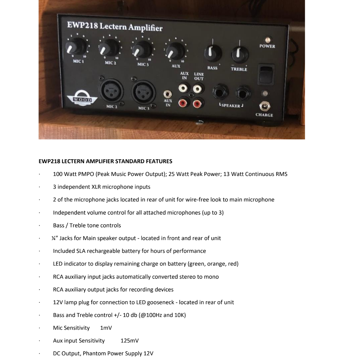 Amplifier for executive wood product podiums and lecterns.