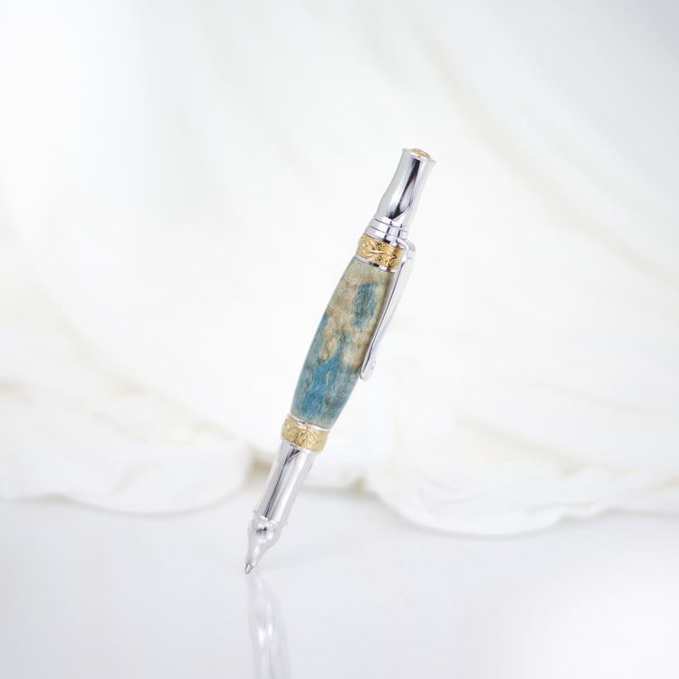 Heirloom Handcrafted Blue Dyed Curly Maple Ink Pen with Metal Body and 24k Gold