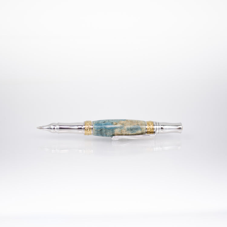 Heirloom Handcrafted Blue Dyed Curly Maple Ink Pen with Metal Body and 24k Gold