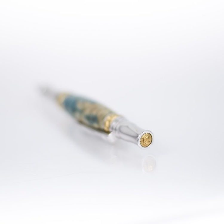 Heirloom Handcrafted Blue Dyed Curly Maple Ink Pen with Metal Body and 24k Gold