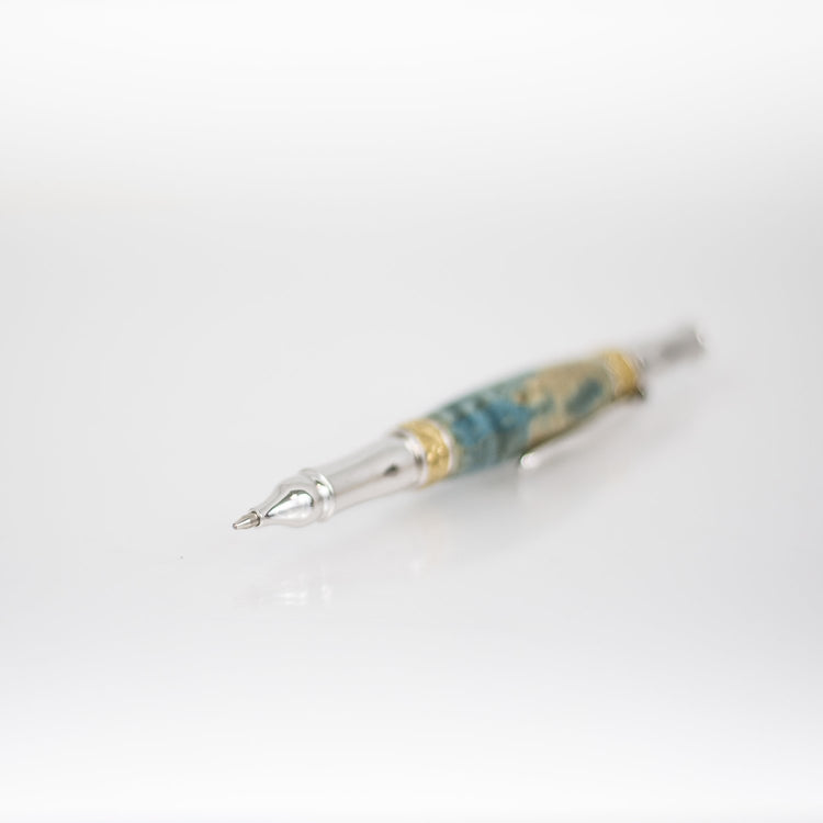 Heirloom Handcrafted Blue Dyed Curly Maple Ink Pen with Metal Body and 24k Gold