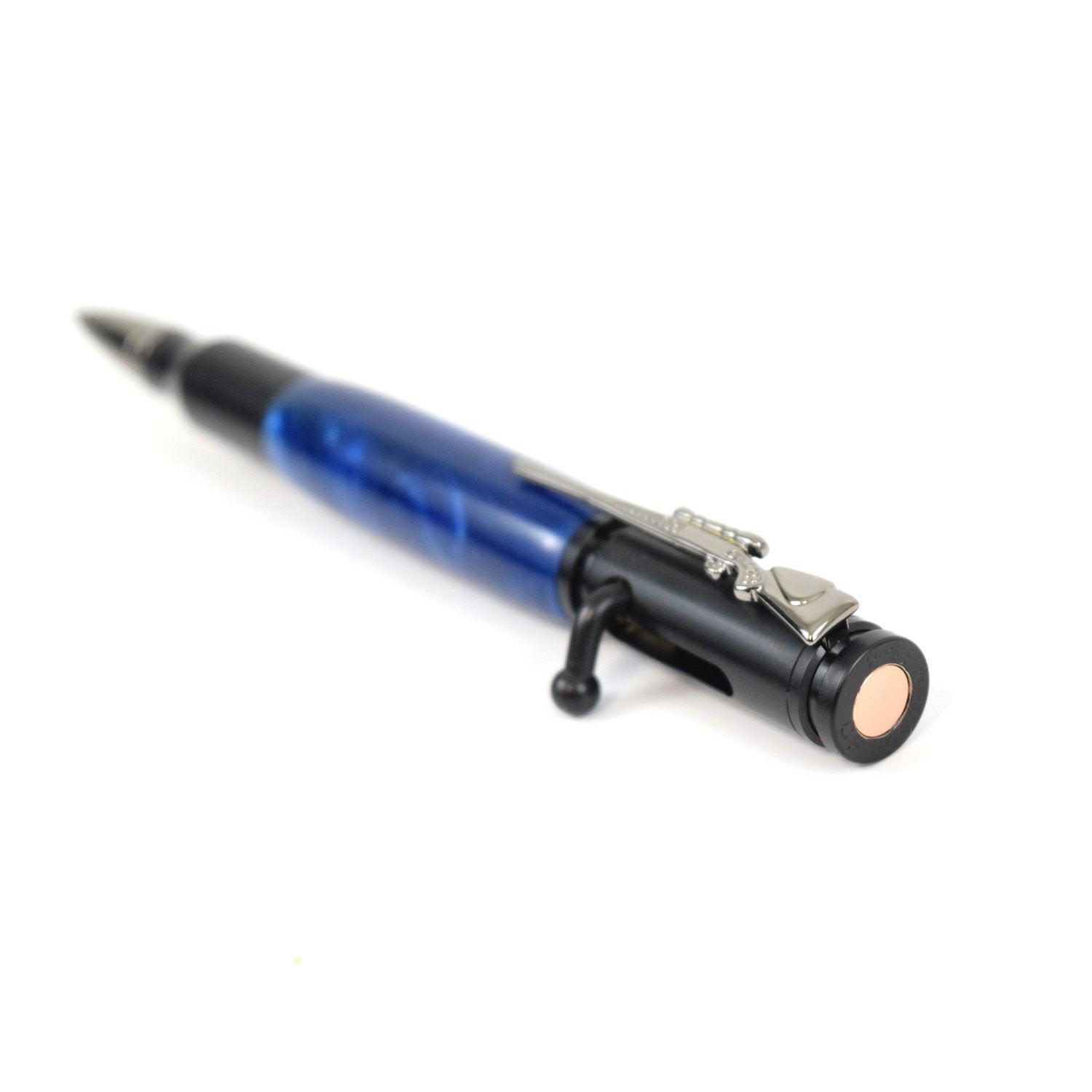 Handcrafted sapphire blue bolt action pen with rifle clip and bullet tip