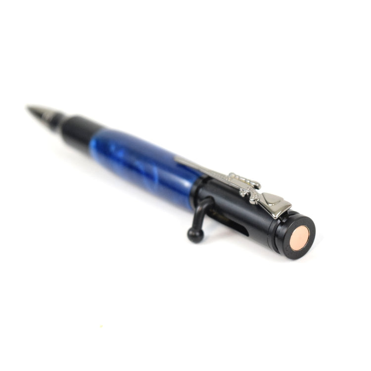 Handcrafted sapphire blue bolt action pen with rifle clip and bullet tip