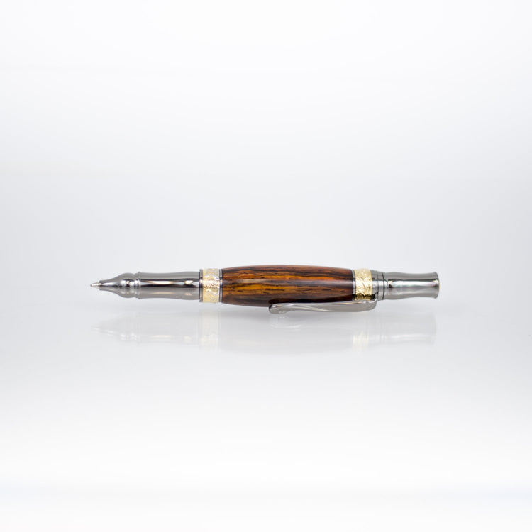 Handcrafted Bocote rollerball pen with 24K gold accents and metal body