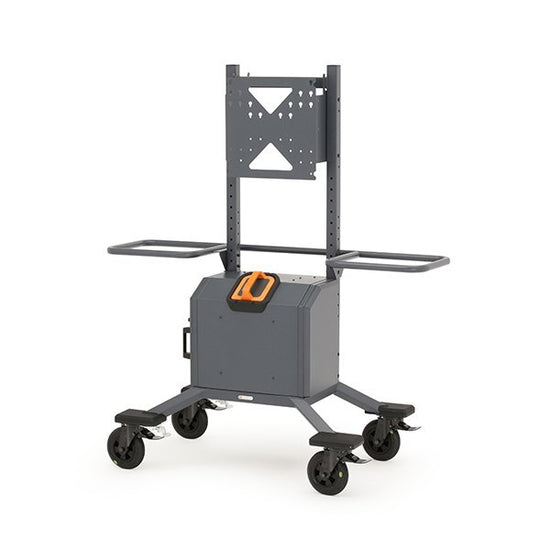 Cordless Explorer AV display cart with locking casters and integrated battery system