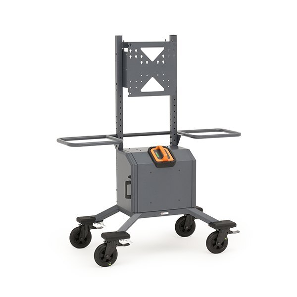 Cordless Explorer AV display cart with locking casters and integrated battery system