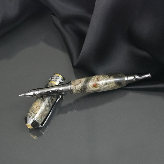 Handcrafted Buckeye Burl rollerball pen with precious metal body