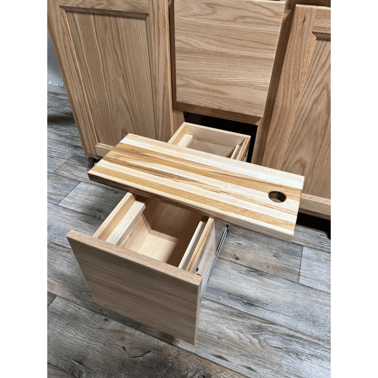 Rolling butcher block island with storage, soft-close drawers, knife holder, and locking wheels for kitchen or outdoor use.