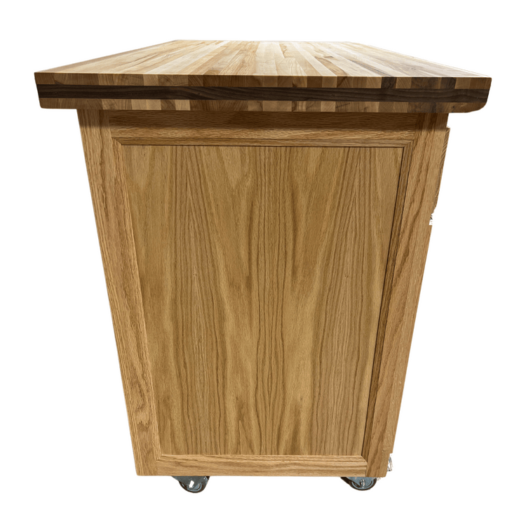 Rolling butcher block island with storage, soft-close drawers, knife holder, and locking wheels for kitchen or outdoor use.