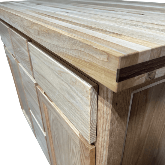 Rolling butcher block island with storage, soft-close drawers, knife holder, and locking wheels for kitchen or outdoor use.