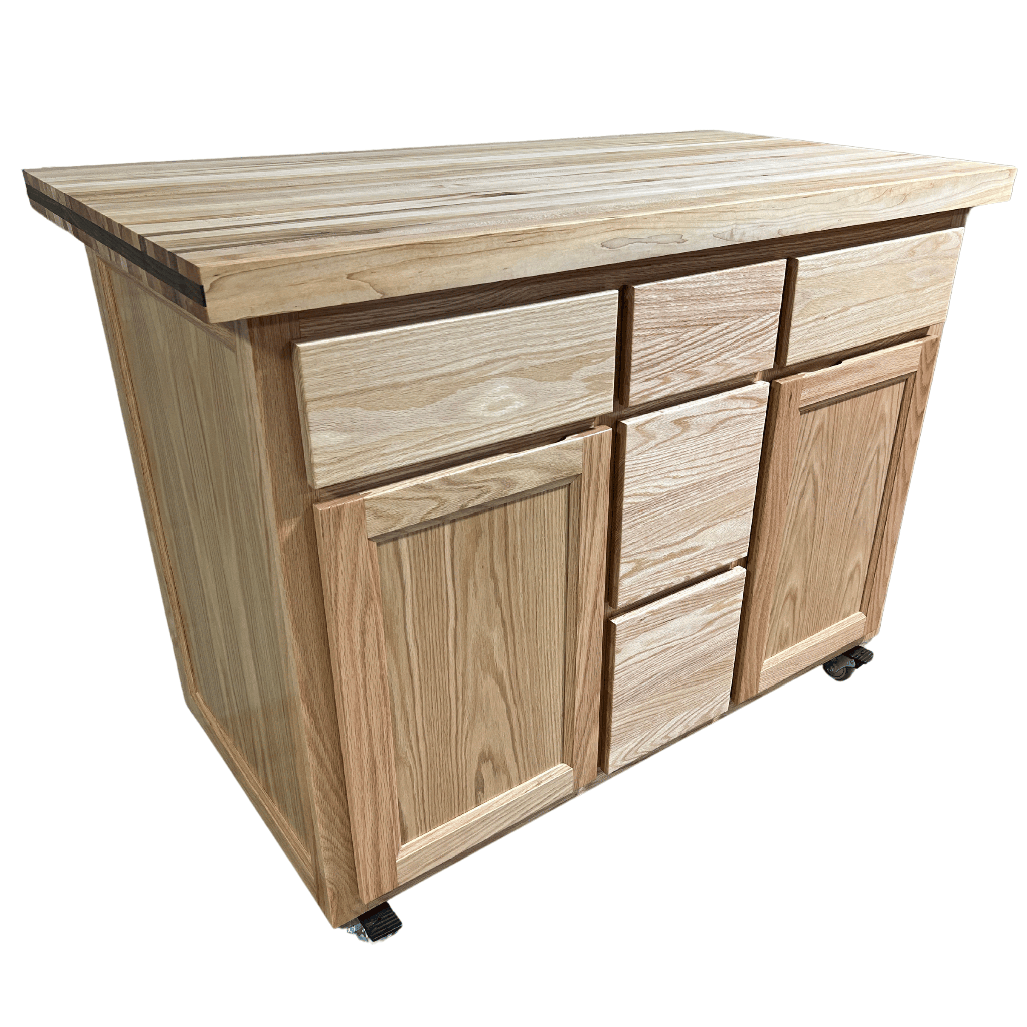 Rolling butcher block island with storage, soft-close drawers, knife holder, and locking wheels for kitchen or outdoor use.