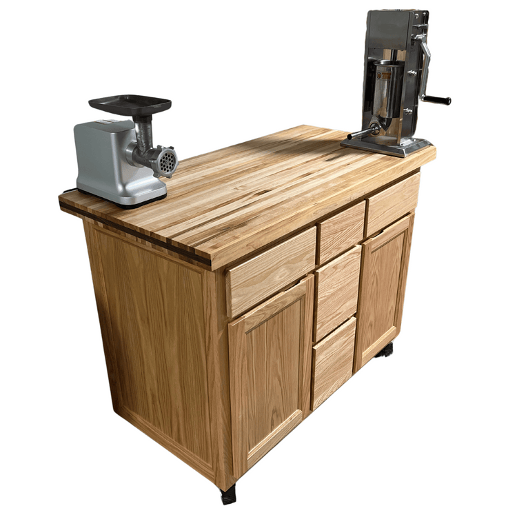 Rolling butcher block island with storage, soft-close drawers, knife holder, and locking wheels for kitchen or outdoor use.