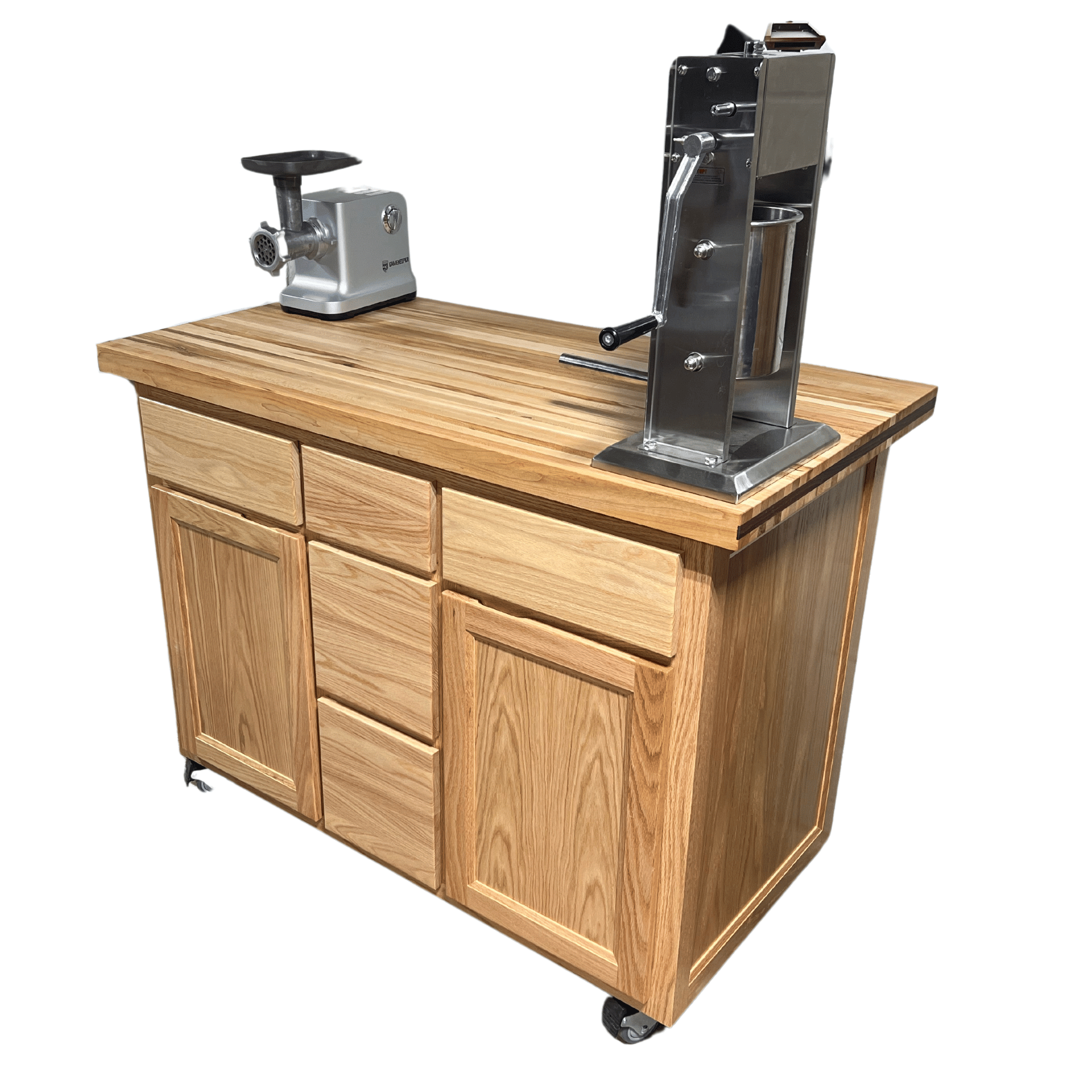 Rolling butcher block island with storage, soft-close drawers, knife holder, and locking wheels for kitchen or outdoor use.
