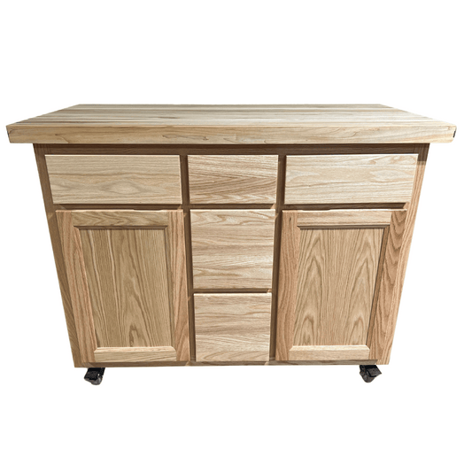 Rolling butcher block island with storage, soft-close drawers, knife holder, and locking wheels for kitchen or outdoor use.