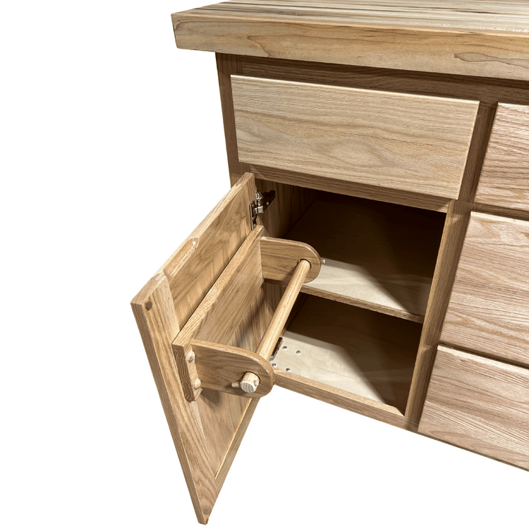 Rolling butcher block island with storage, soft-close drawers, knife holder, and locking wheels for kitchen or outdoor use.